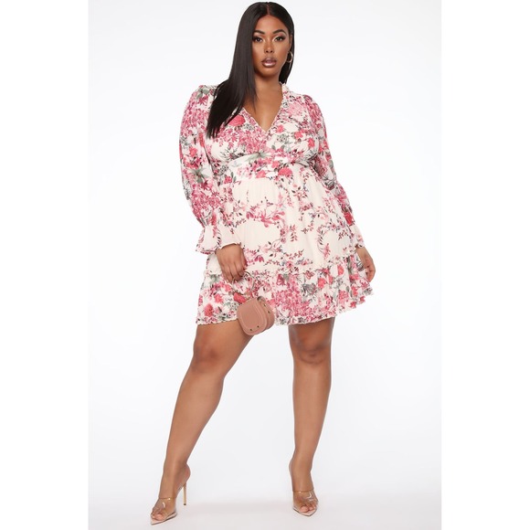 NWT Floral Print Ruffle Mini Dress Long Sleeve Deep V Neck Party Women's - Picture 1 of 10